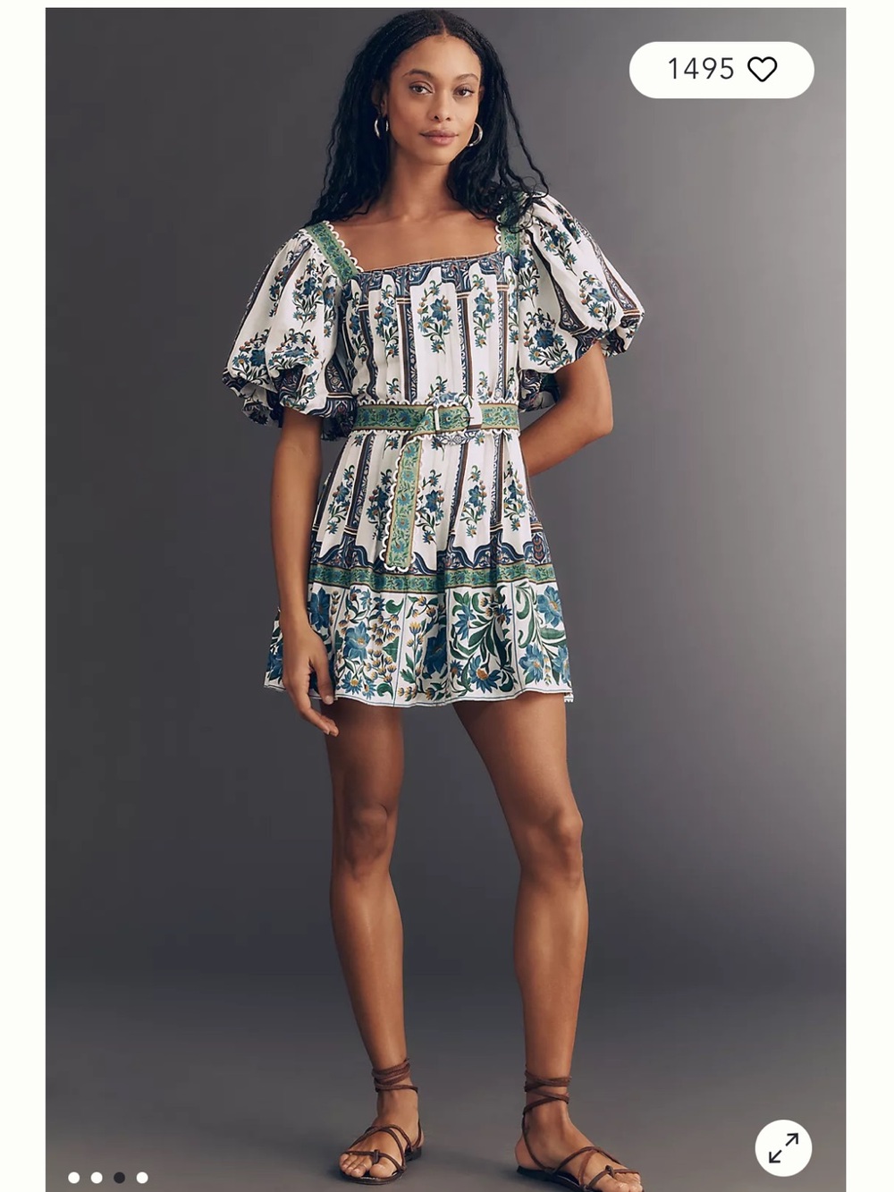 FARM Rio White Mandela Floral Puff-Sleeve Mini Dress with Blue and Green Print - Picture 3 of 7